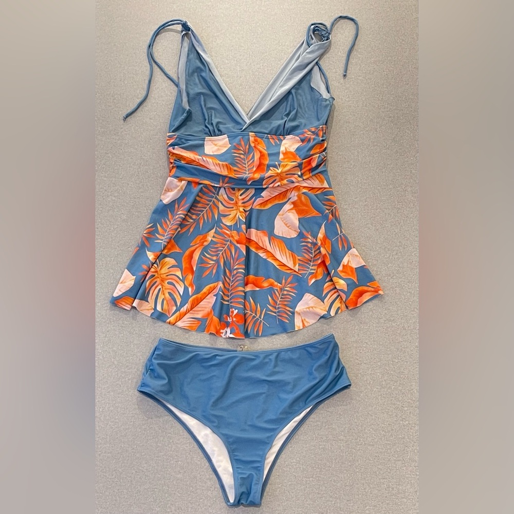 SHEIN Tropical Leaf Tankini Swimsuit Set Blue Orange 1XL